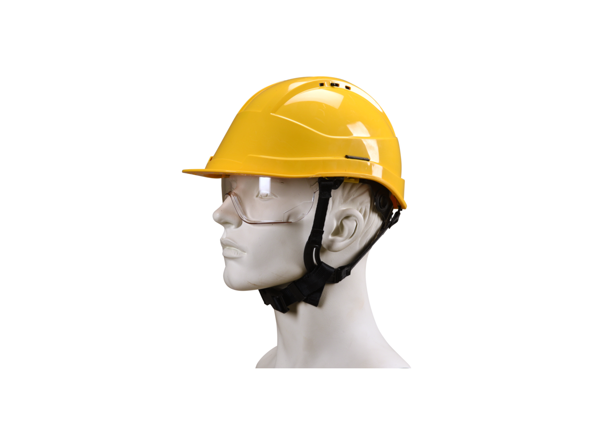 Kara-Helm mit Brille, gelb - EN 397 Kat. II und EN 166