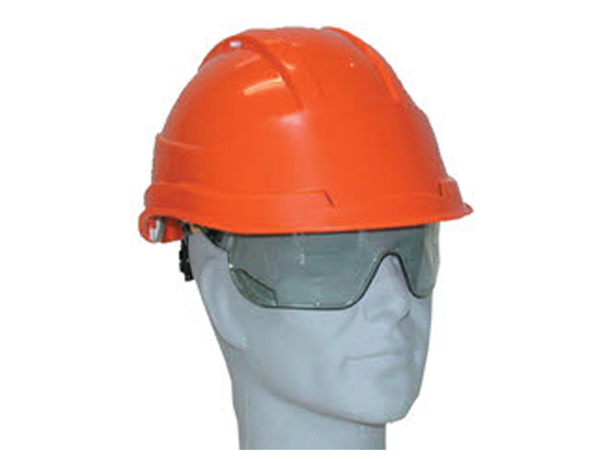 Schutzhelm Kara mit Belüftung orange - mit integrierter Schutzbrille