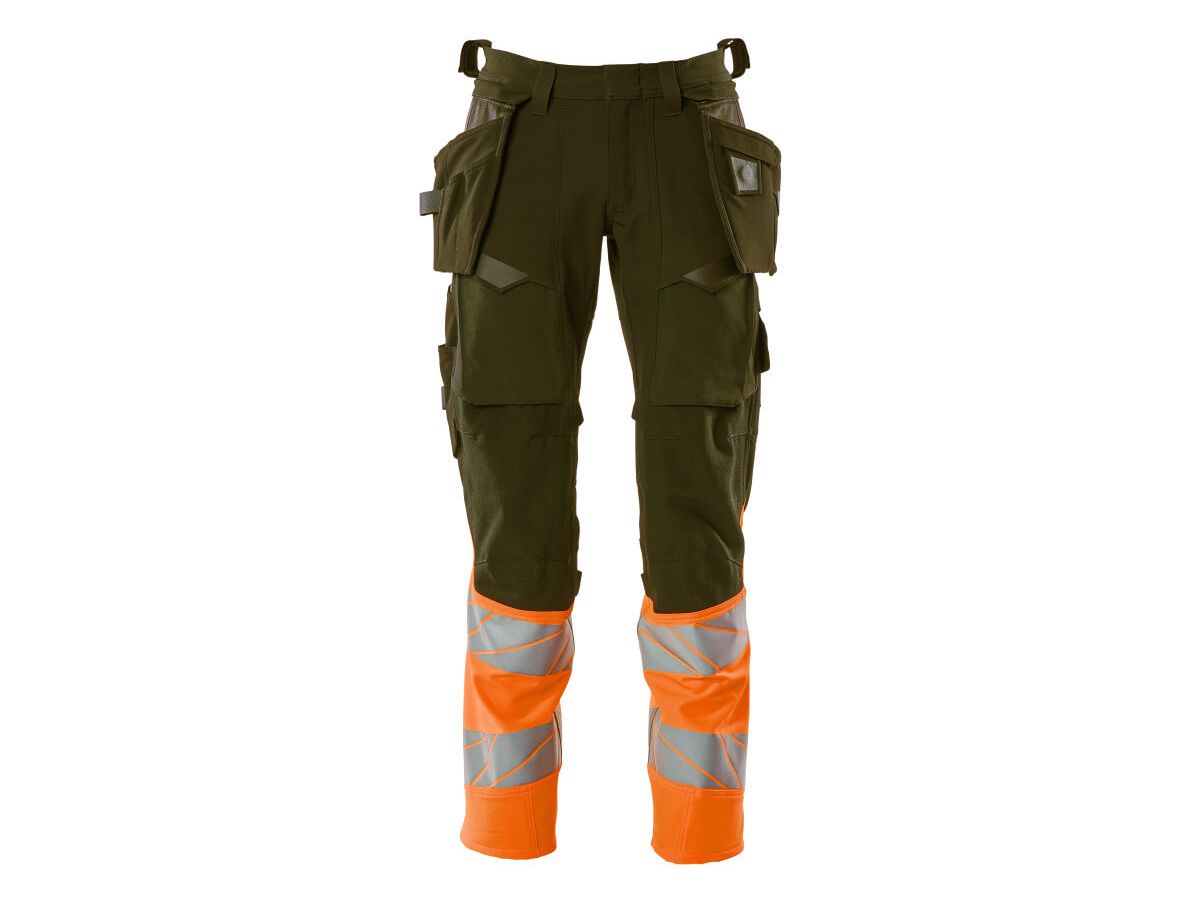 Hose mit Hängetaschen Stretch, Gr. 82C66 - moosgrün/hi-vis orange, 92% PES/8%EL