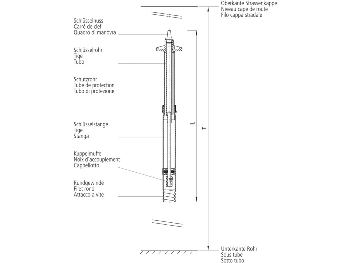 Einbaugarnitur 9602 tele, lang 3/4" - 2" - für Hausanschluss-Schieber