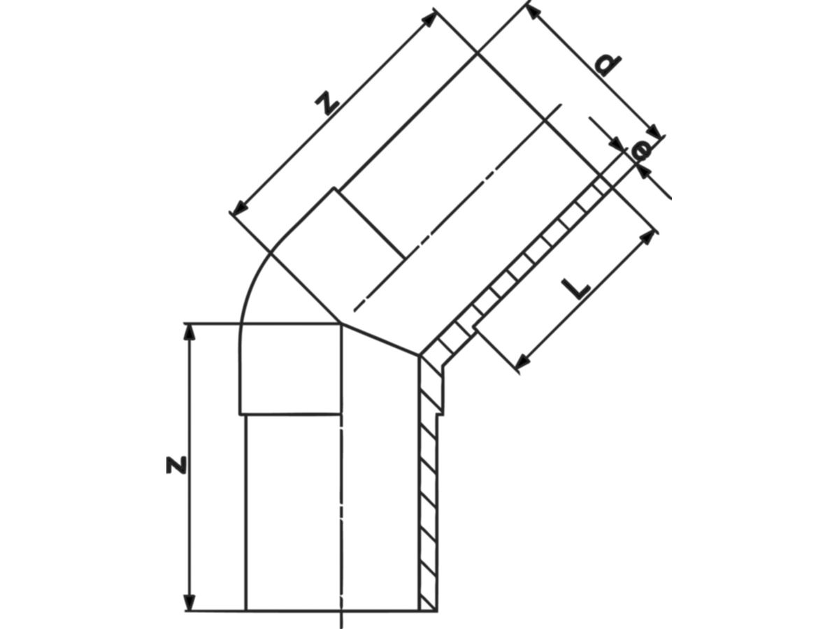 Winkel 45° geschweisst PE100 S-5 SDR 11 - 5 bar Gas / 16 bar Wasser