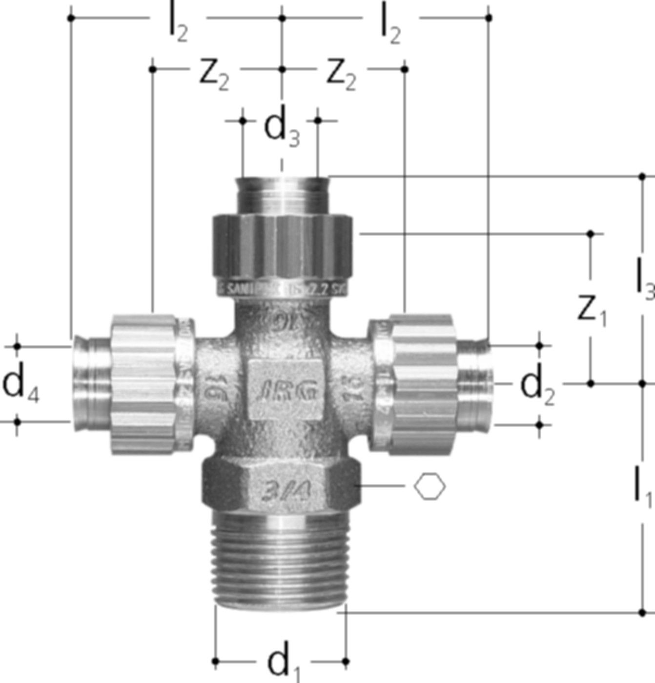 Sanipex Kreuzstück mit Aussengewinde - aus Rotguss, mit Bördel-Verschraubung