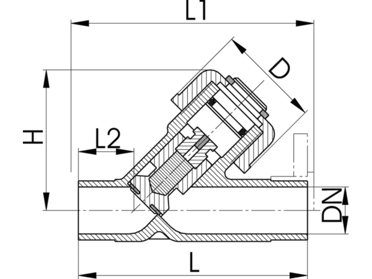 Schrägsitz-Rückschlagvent. PVC-U Typ 303 - d63 DN50, mit Klebestutzen metrisch