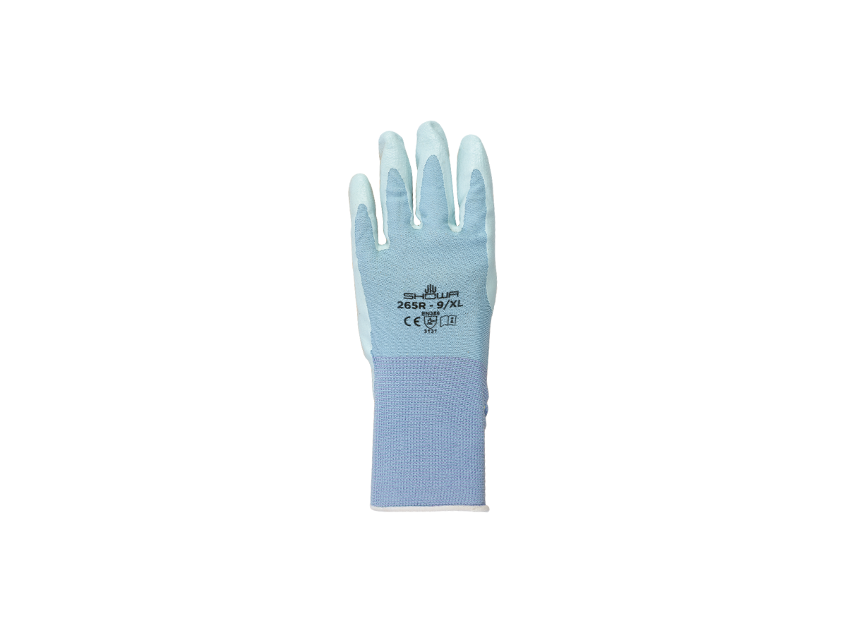 Blaue Nylon-Strickschutzhandschuhe - SHOWA 265, dünn, PU-beschichtet, Gr.M