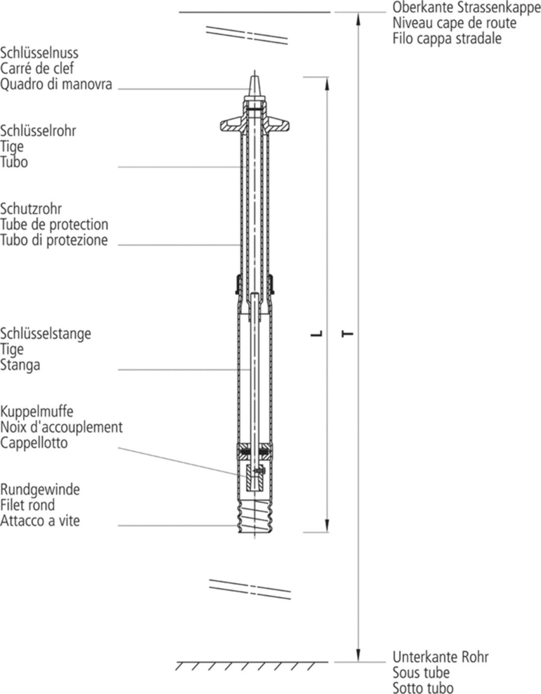 Einbaugarnitur 9601 tele, kurz 3/4"- 2" - für Hausanschluss-Schieber