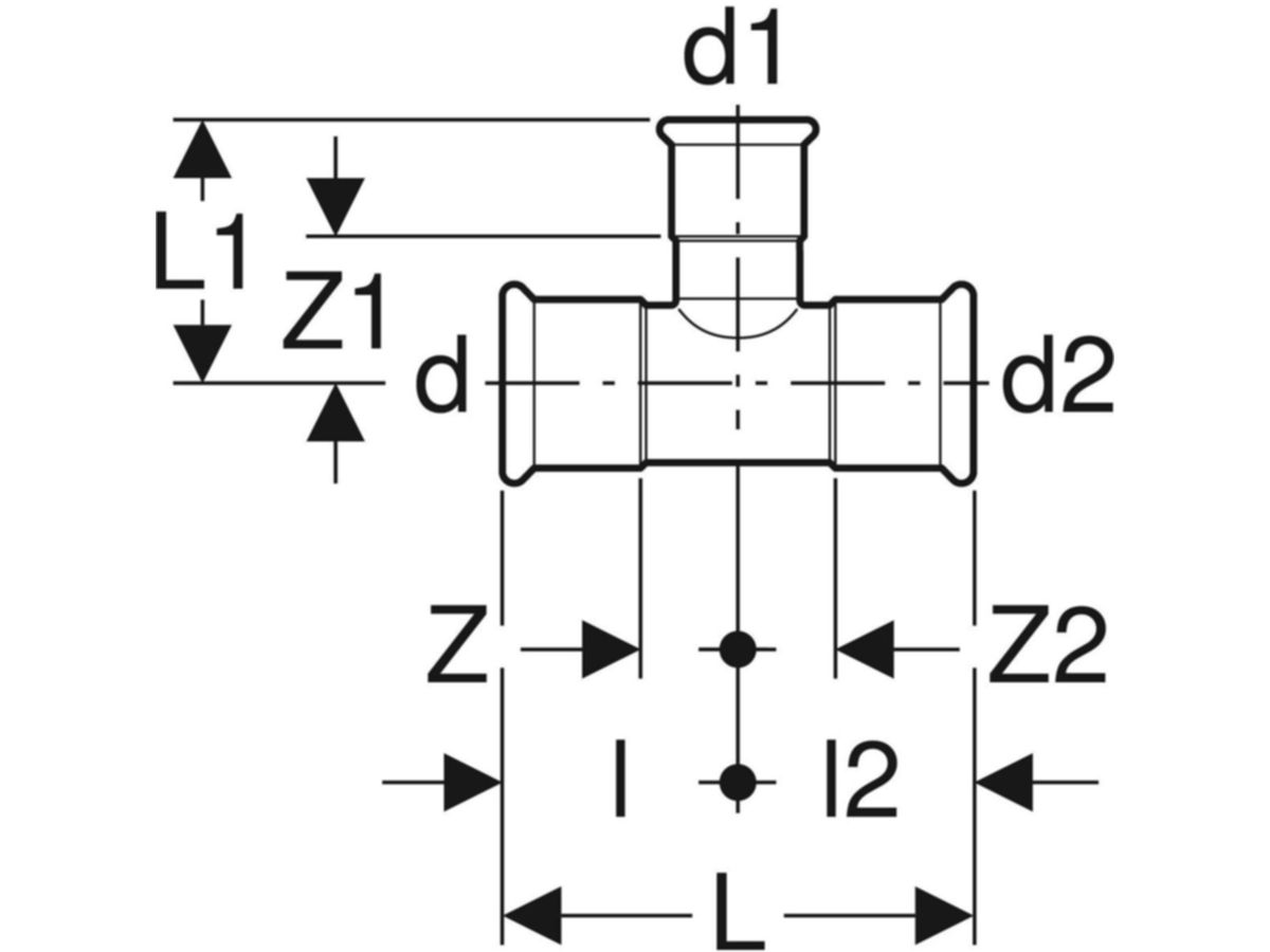 Mapress Therm T-Stück reduziert - d=88.9mm, d1=22mm, d2=88.9mm