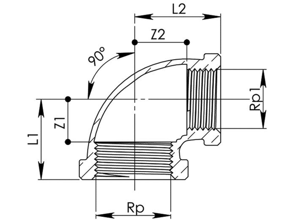 Rotguss-Winkel Nr.   90  2" -11/2"