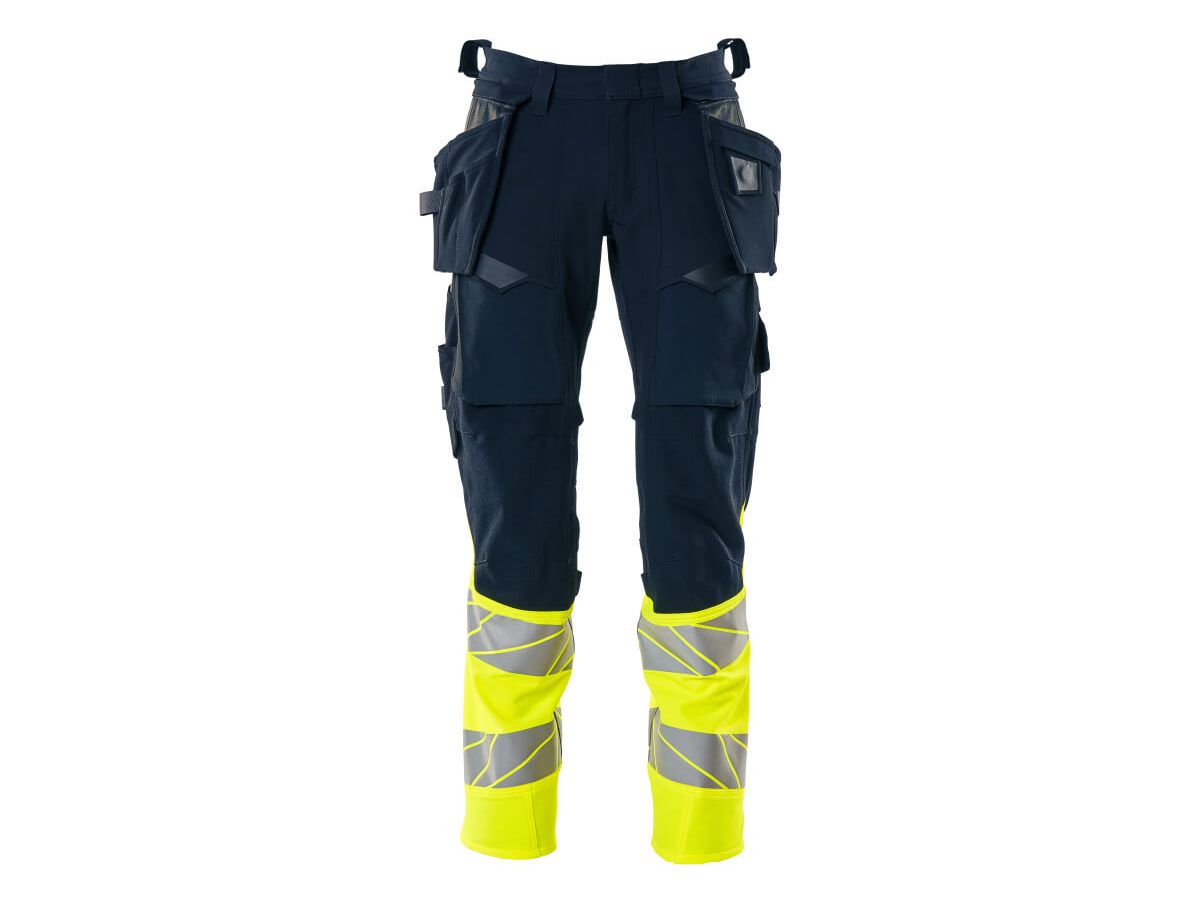 Hose mit Hängetaschen Stretch, Gr. 82C48 - schwarzblau/hi-vis gelb, 92% PES/8%EL