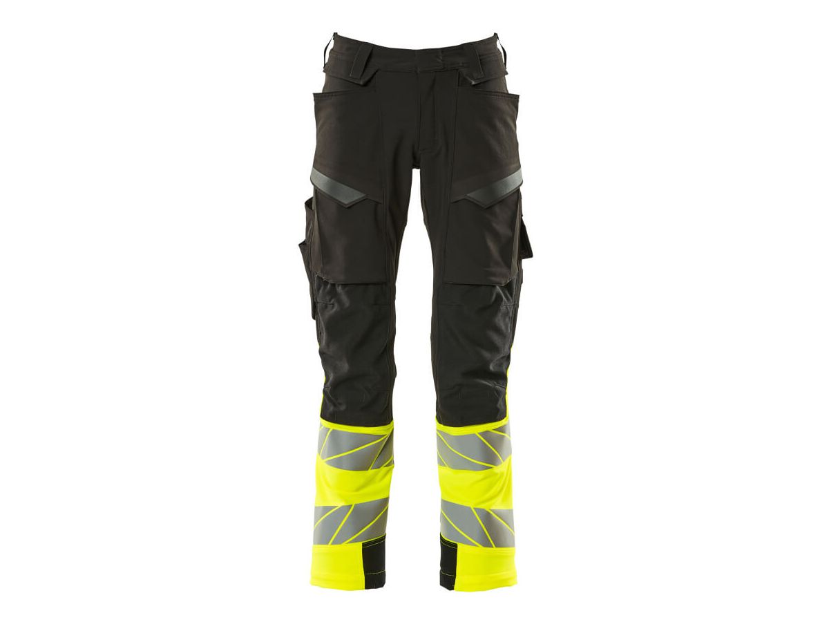 Hose mit Knietaschen, Stretch, Gr. 90C48 - schwarz/hi-vis gelb, 88%PES/12%EL