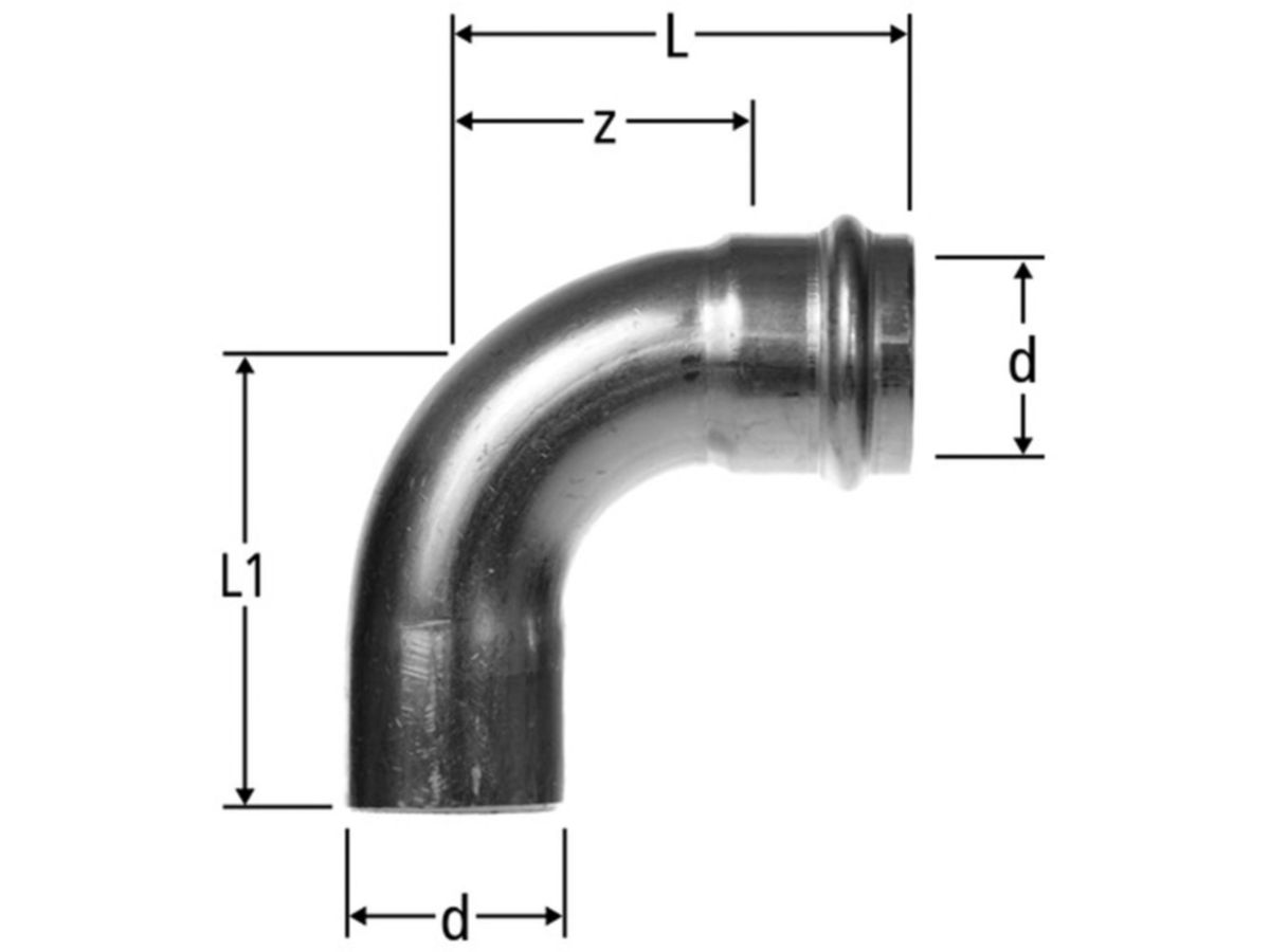 Optipress-Inox-Bogen 90° 88.9 mm - mit Einsteckende