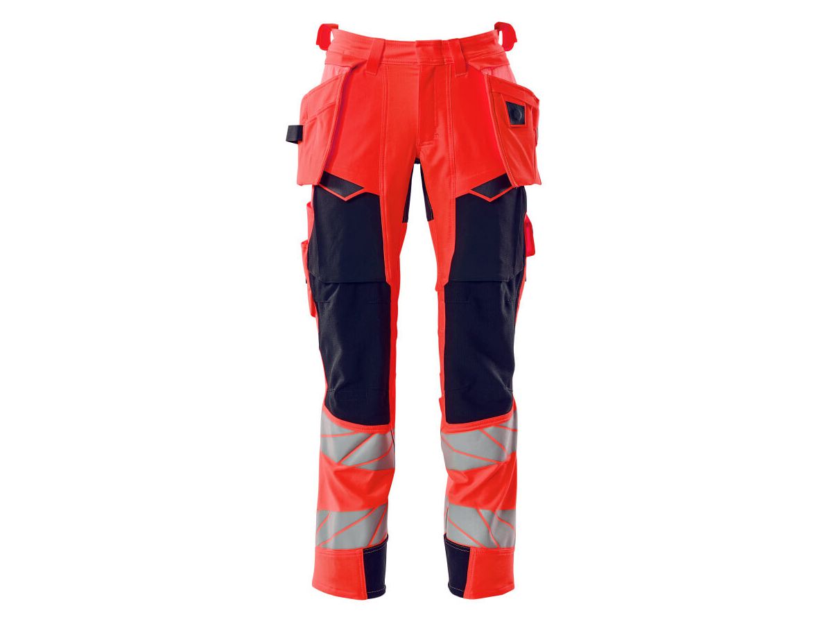 Hose mit Hängetaschen Stretch, Gr. 82C52 - hi-vis rot/schwarzblau, 92% PES/8%EL