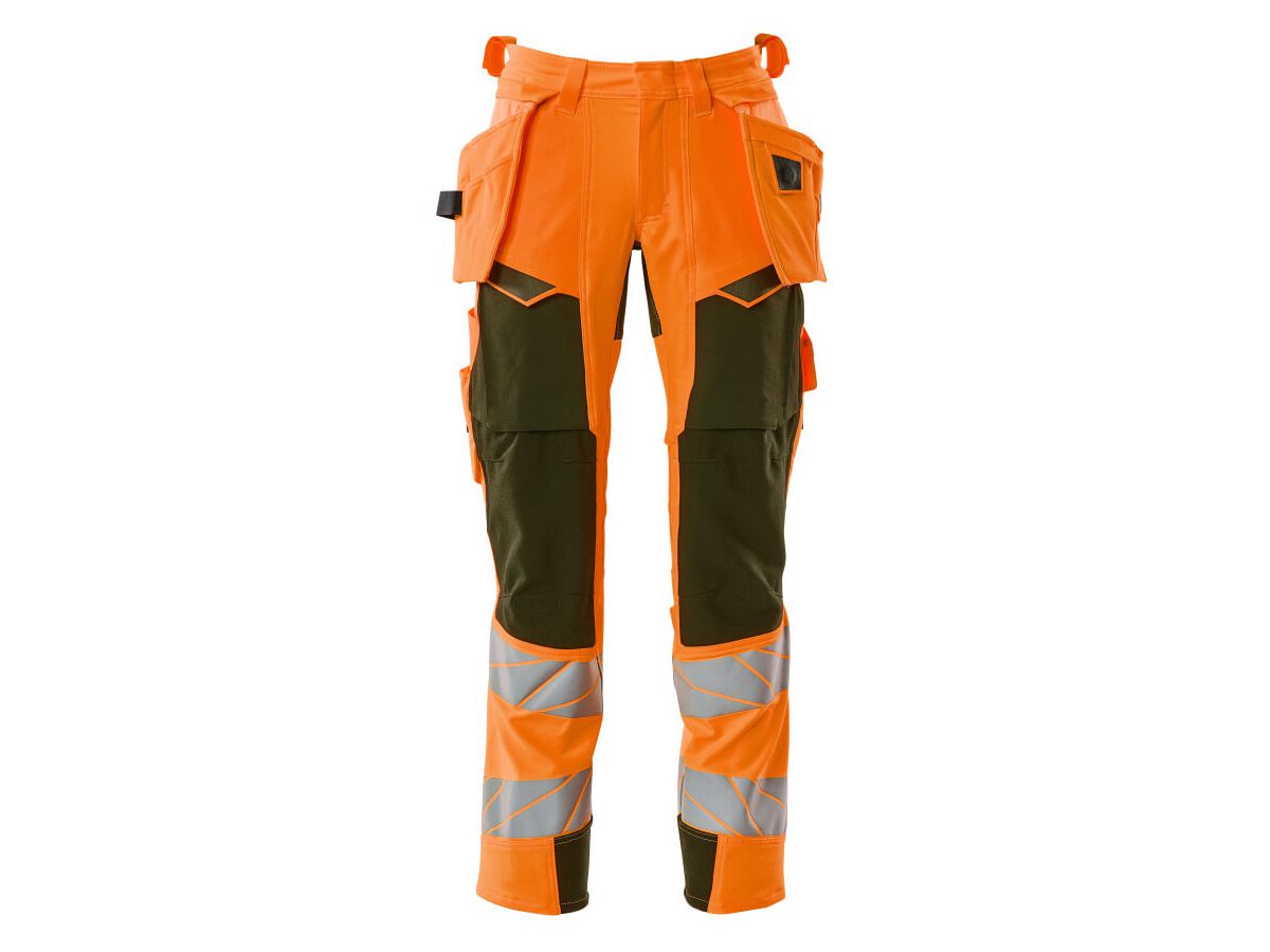 Hose mit Hängetaschen Stretch, Gr. 82C68 - hi-vis orange/moosgrün, 92% PES/8%EL