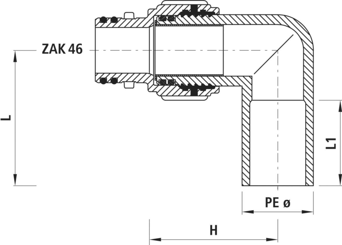 PE-Winkel-Anschweissende Hawle 90° - mit ZAK-Anschluss