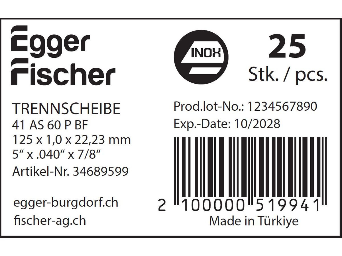 Trennscheiben Inox EHT 125-1.0 A60 - Stahl/Inox flach mit Egger&Fischer Logo