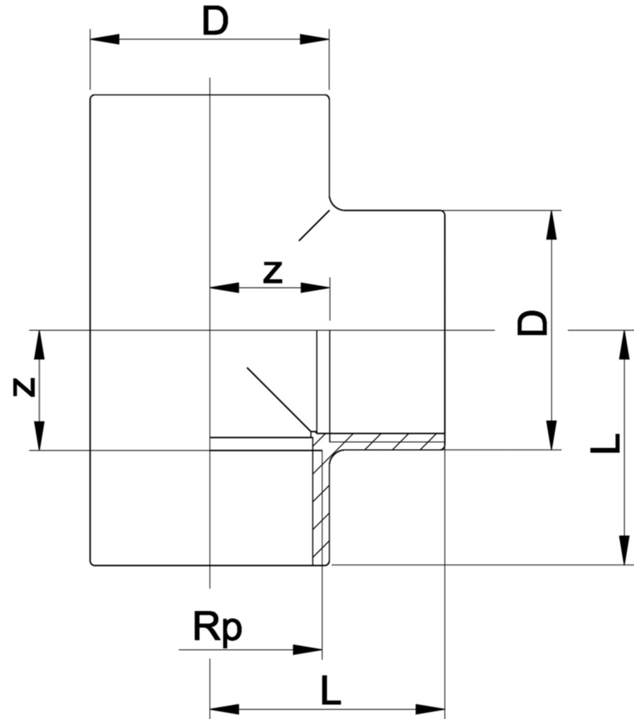 T 90° egal PVC-U metrisch - mit Zylindrischem Rohr IG Rp
