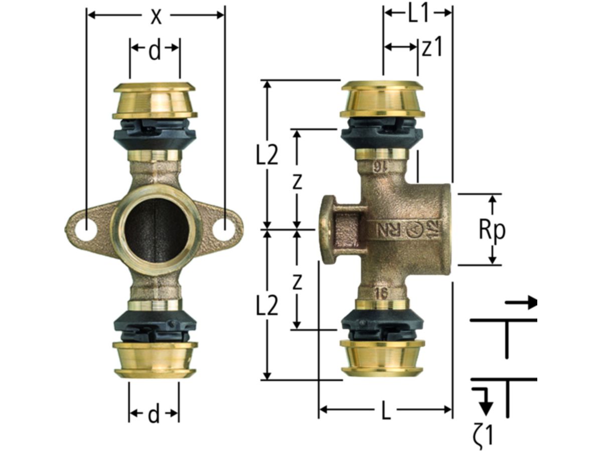 Optiflex-Flowpress-Anschluss-T-Stück - mit Wandflansch PN10, Rotguss