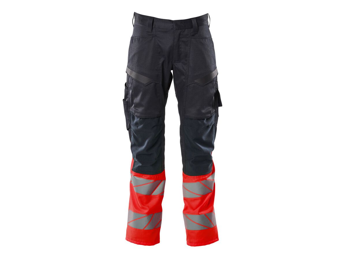 Hose mit Knietaschen, Stretch, Gr. 82C56 - schwarzblau/hi-vis rot, 70%PES/30%CO