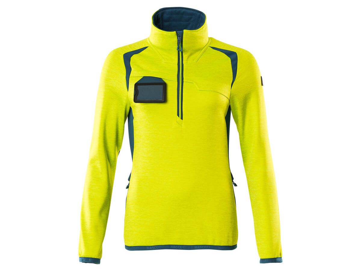 Fleecepullover Zipper kurz Damen Gr. 3XL - hi-vis gelb/dunkelpetrol., 94% PES/6% EL