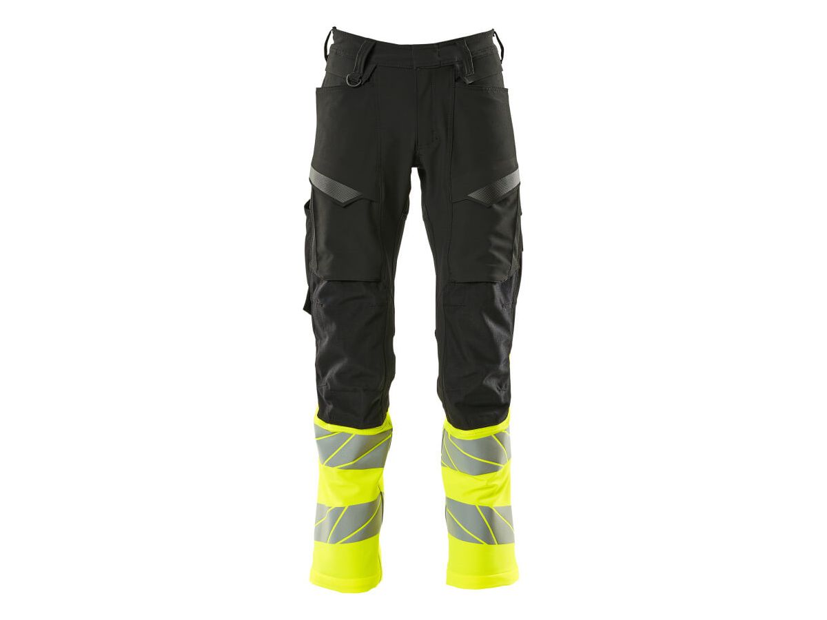 Hose mit Knietaschen, Stretch, Gr. 76C54 - schwarz/hi-vis gelb, 92% PES / 8% EL