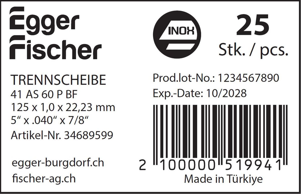 Trennscheiben Inox EHT 125-1.0 A60 - Stahl/Inox flach mit Egger&Fischer Logo