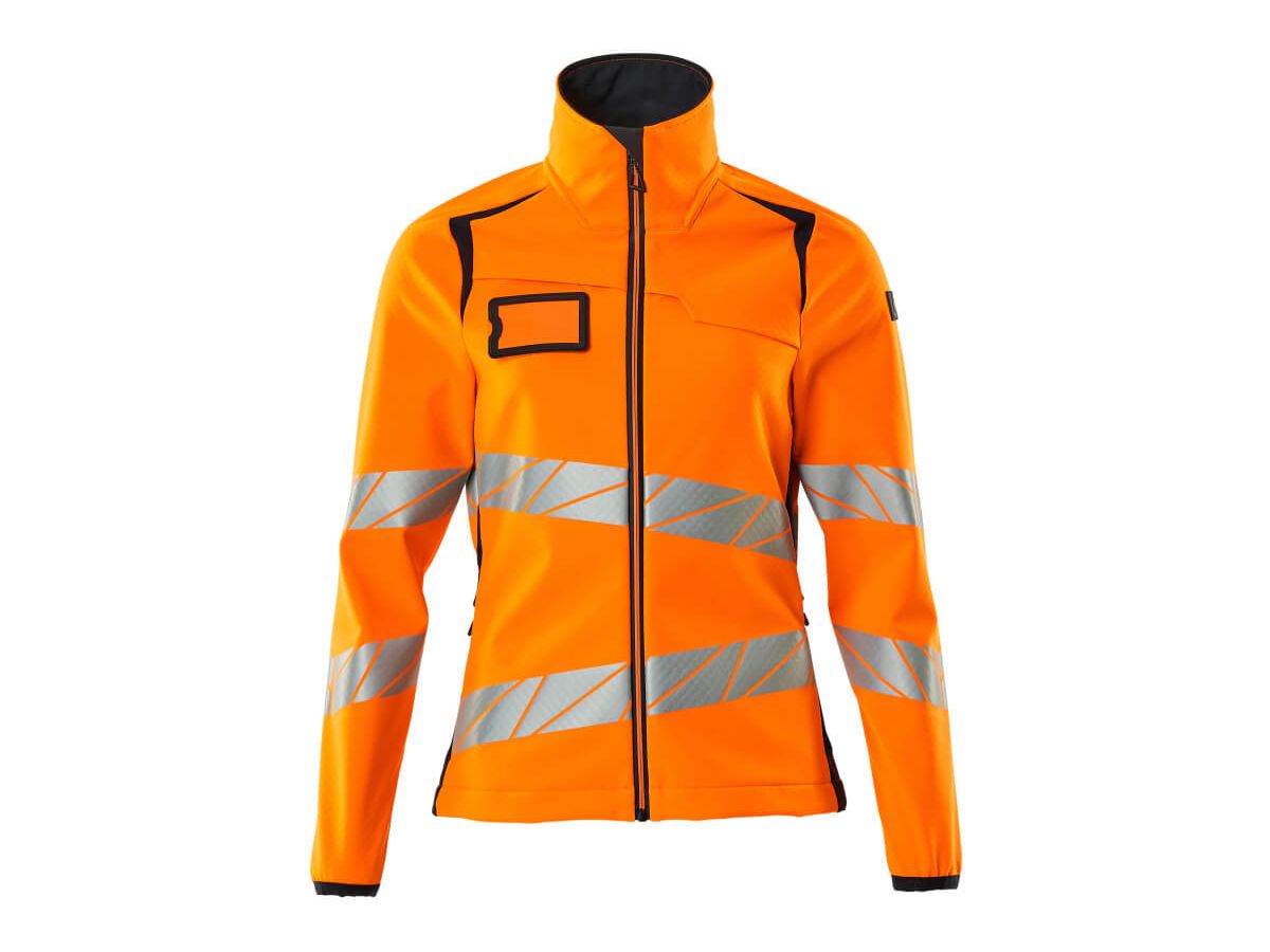 Soft Shell Jacke, Damenpassform, Gr. M - hi-vis orange/schwarzblau, 100% PES