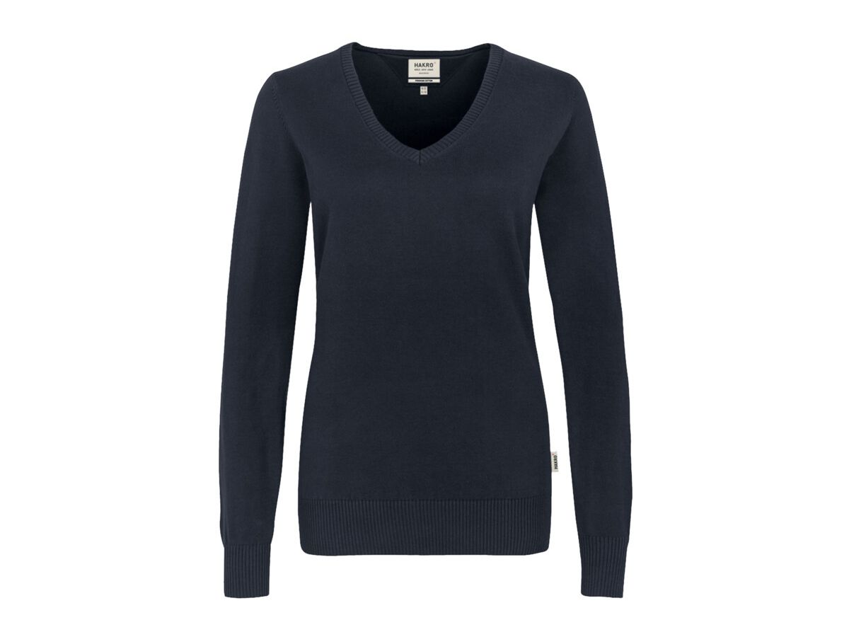 Women-V-Pullover Premium mit Kontrast- - streifen am Halsausschn. 100 % Baumwolle