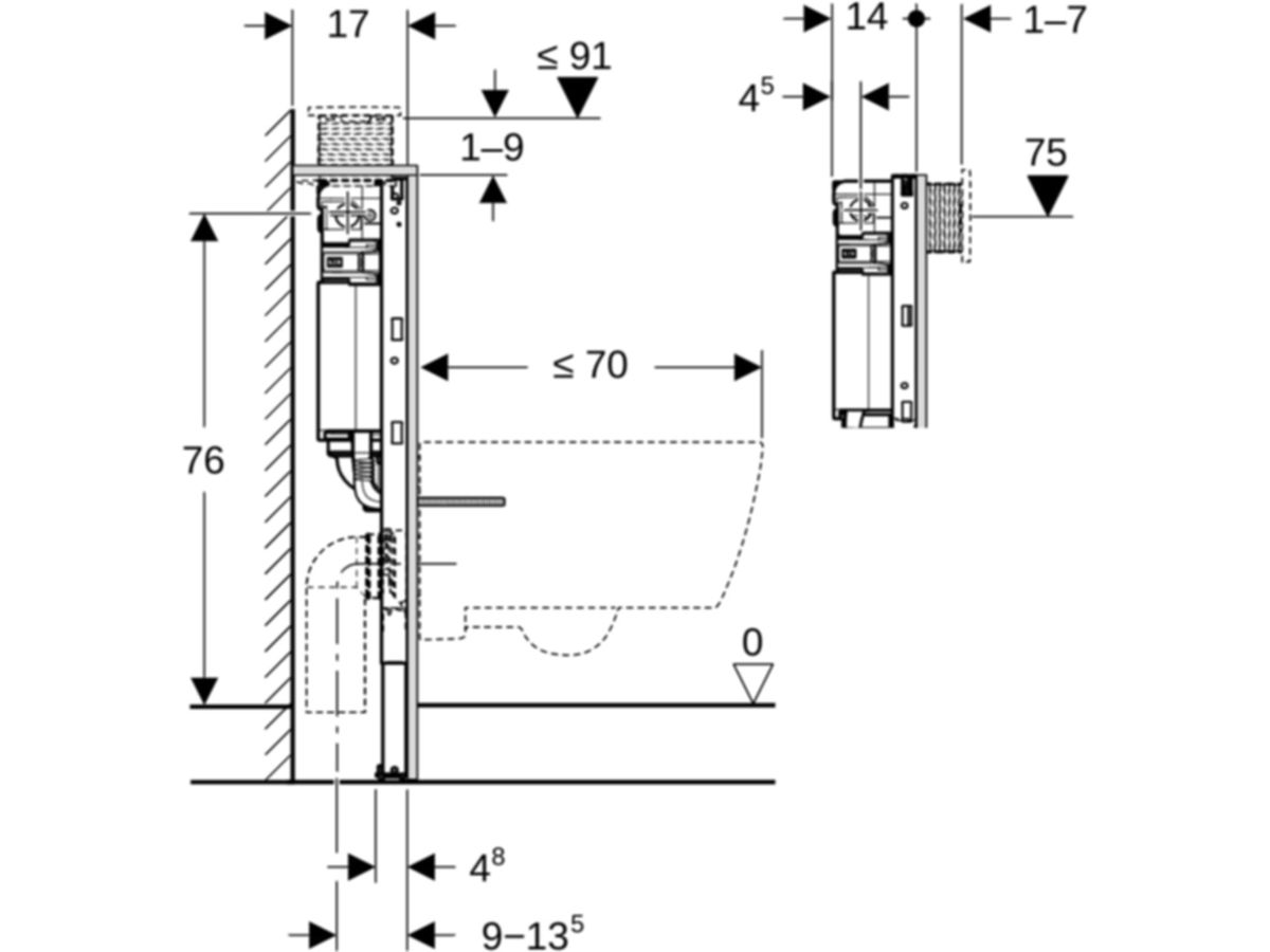 Geberit Duofix-Wand-WC-Element Omega - Typ 82, Betätigung von oben/vorne