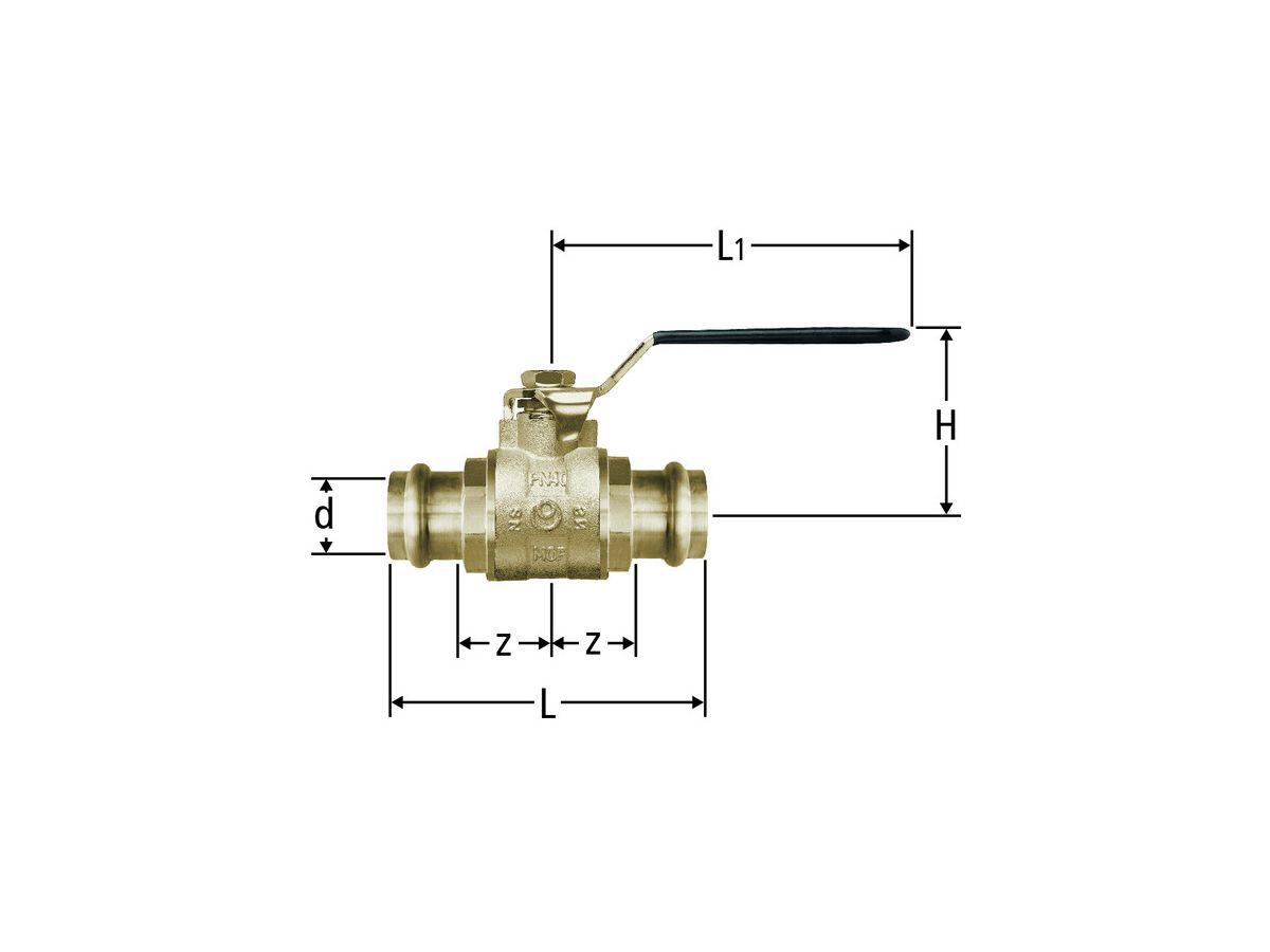 Optipress-Kugelhahn 35mm mit Metallgriff - für Wasser bis 90 °C und Druckluft