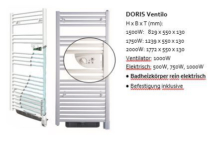 Badheizkörper DORIS Ventilo 1750W - 1239 x 550 x 130, elektrisch