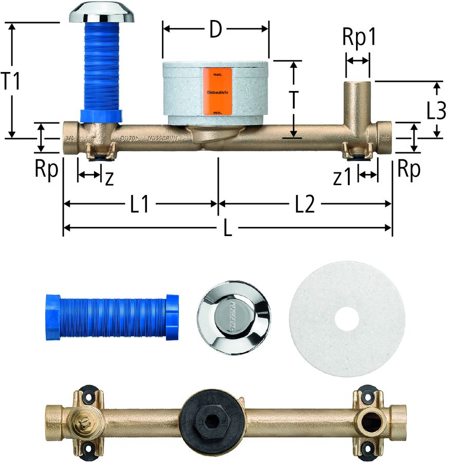 Rohbauset-UP-Ventil-Garnitur PN 16 - besteh. aus UP-Ventil und Anschl. T-St.