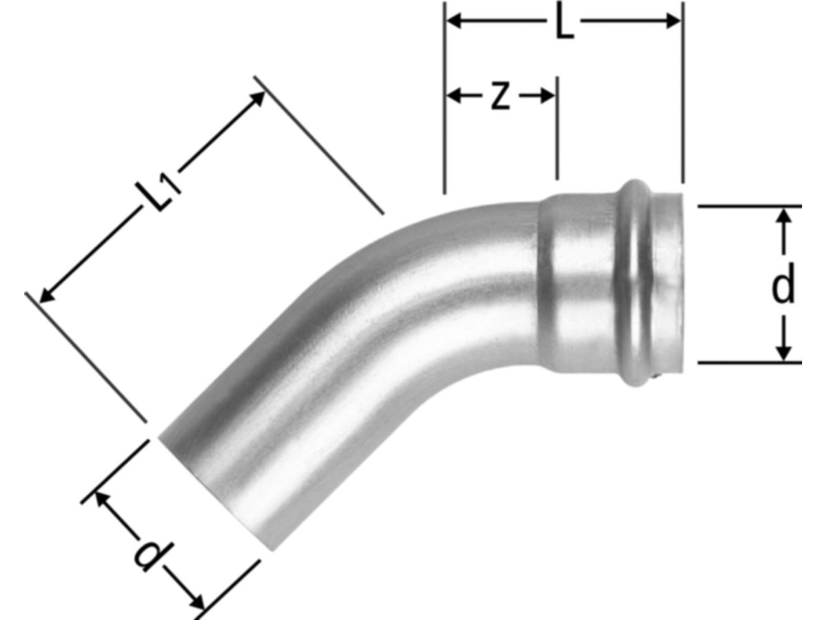 Optipress-Inox-Bogen 45° 35 mm - mit Einsteckende