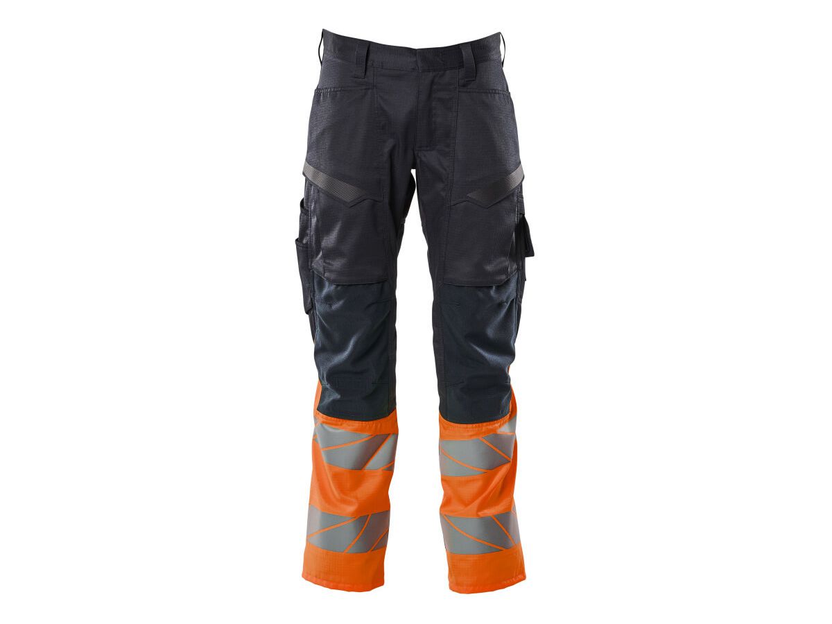 Hose mit Knietaschen, Stretch, Gr. 76C56 - schwarzblau/hi-vis orange, 70%PES/30%CO