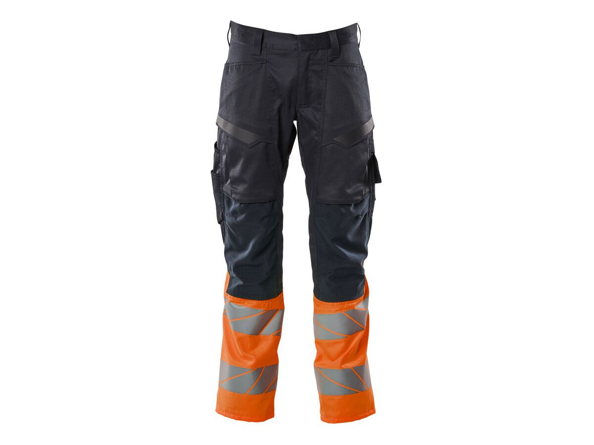 Hose mit Knietaschen, Stretch, Gr. 90C48 - schwarzblau/hi-vis orange, 70%PES/30%CO