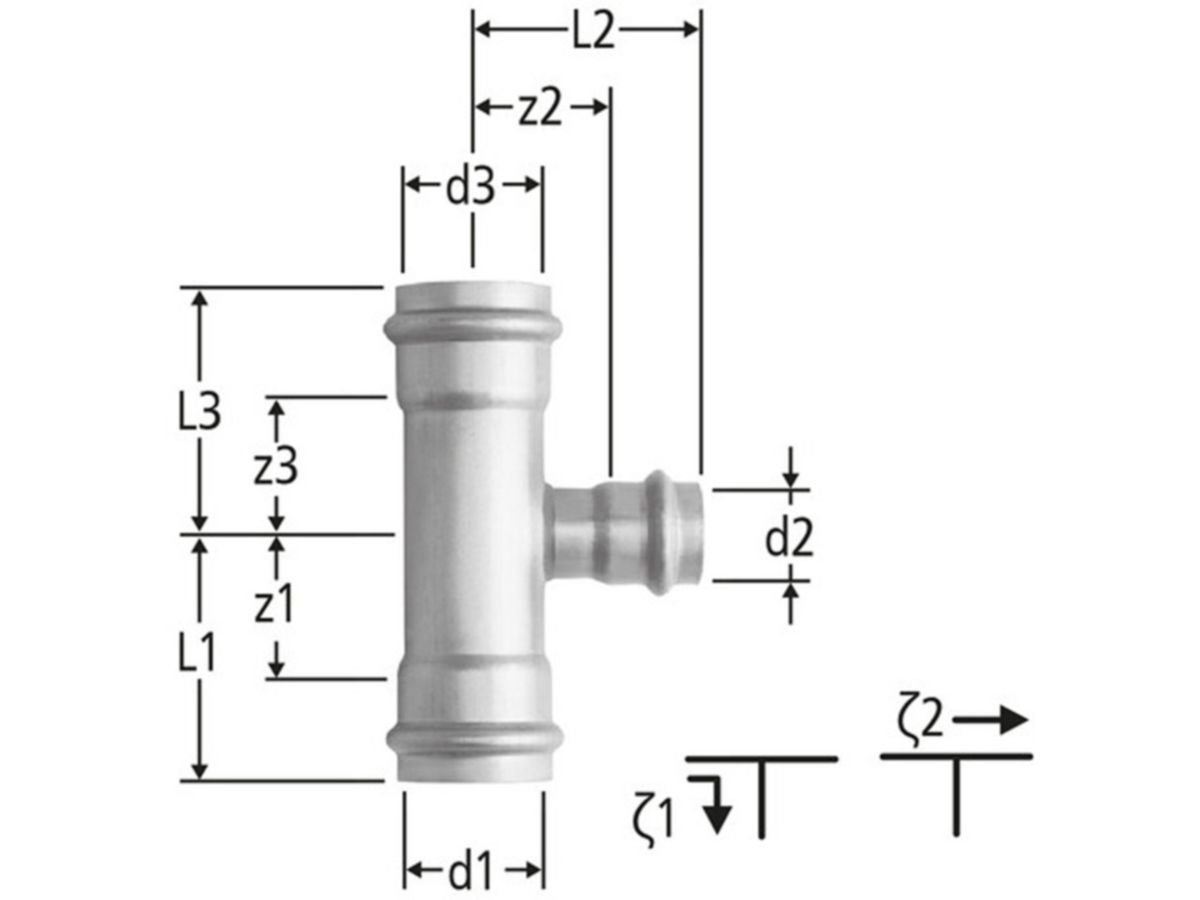 Optipress-Inox-T-Stück 22x22x18 mm