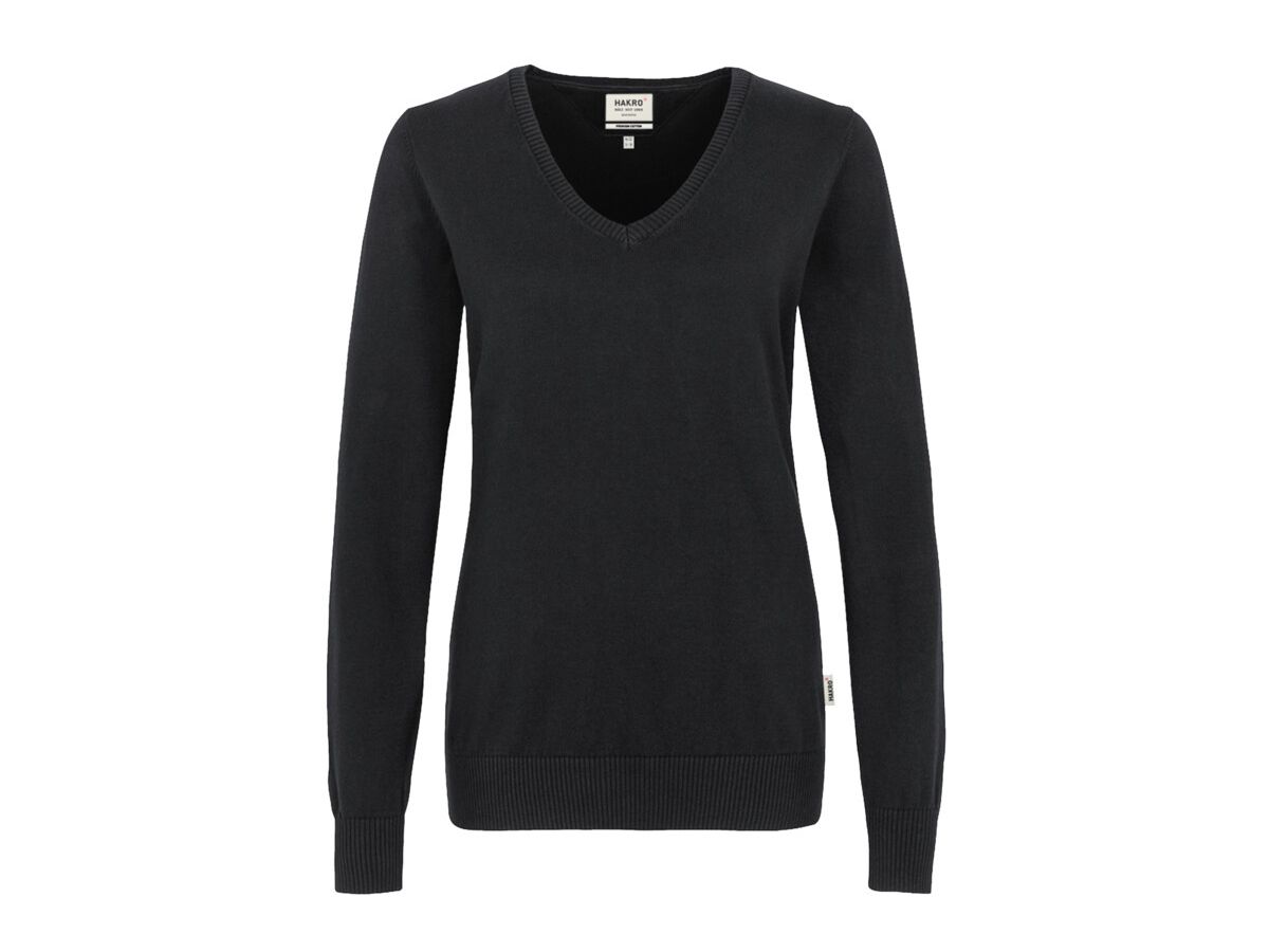 Women-V-Pullover Premium mit Kontrast- - streifen am Halsausschn. 100 % Baumwolle